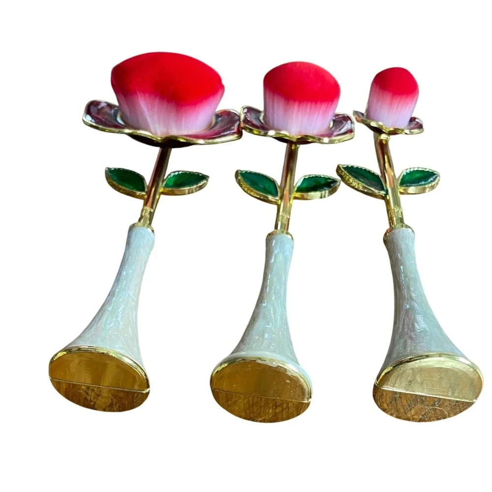 3pc Rose Flower Makeup Brush Set Red Floral Vanity Decor Powder Blush Brushes